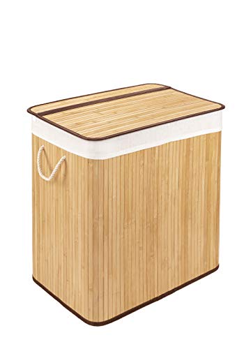 Wäschekorb mit Deckel und 2 Fächer - stabile Wäschebox Bambus - Wäschekorb Natur mit Wäschesack, waschbar - 100% Bambus - 150 Liter von WohnDirect