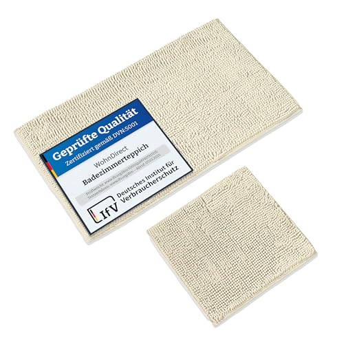 WohnDirect Badematten Set 2 teilig Creme • WC Vorleger (45x45cm), Badematte (50x80cm) • rutschfest waschbar Badezimmerteppich OHNE WC-Ausschnitt von WohnDirect