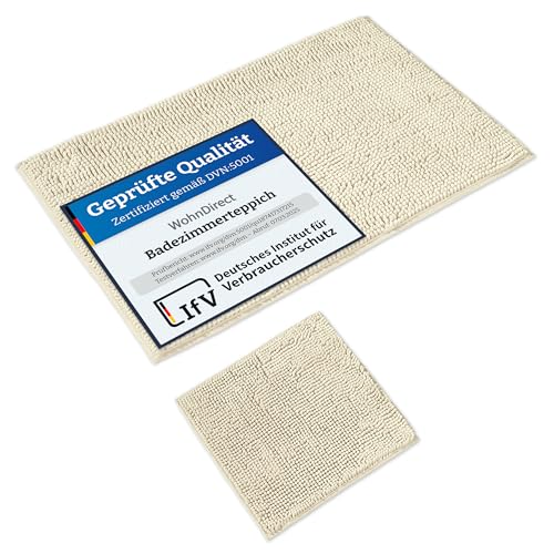 WohnDirect Badematten Set 2 teilig Creme • WC Vorleger (45x45cm), Badematte (70x120cm) • rutschfest waschbar Badezimmerteppich OHNE WC-Ausschnitt von WohnDirect