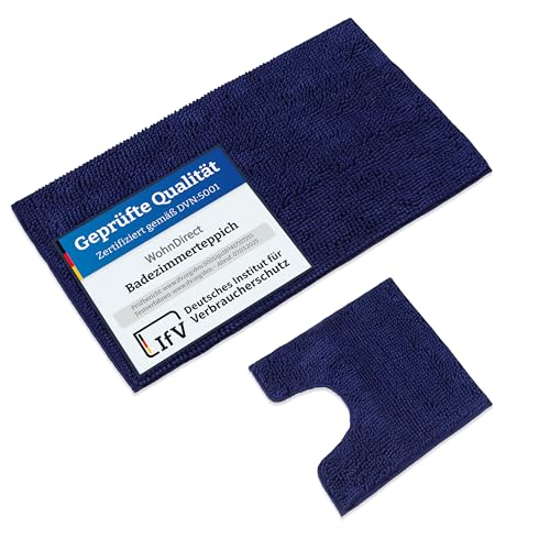 WohnDirect Badematten Set 2 teilig Dunkelblau • WC Vorleger (45x45cm), Badematte (70x120cm) • rutschfest waschbar Badezimmerteppich MIT WC-Ausschnitt von WohnDirect