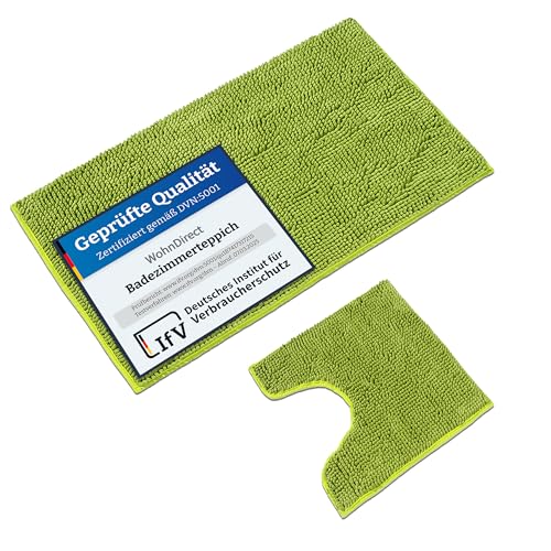 WohnDirect Badematten Set 2 teilig Grün • WC Vorleger (45x45cm), Badematte (70x120cm) • rutschfest waschbar Badezimmerteppich MIT WC-Ausschnitt von WohnDirect