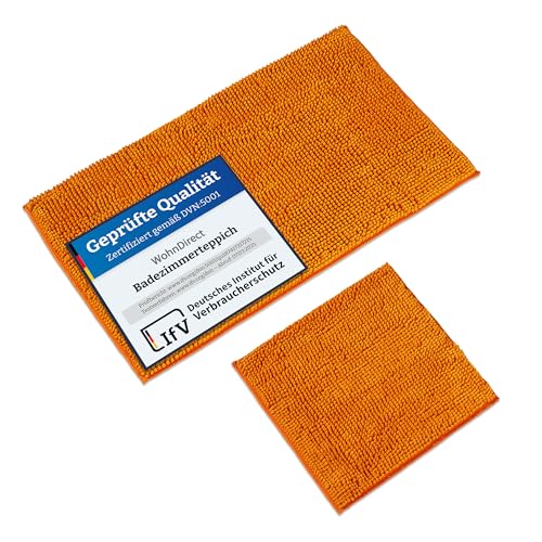 WohnDirect Badematten Set 2 teilig Orange • WC Vorleger (45x45cm), Badematte (50x80cm) • rutschfest waschbar Badezimmerteppich OHNE WC-Ausschnitt von WohnDirect
