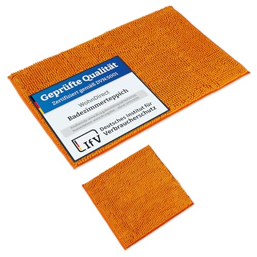 WohnDirect Badematten Set 2 teilig Orange • WC Vorleger (45x45cm), Badematte (70x120cm) • rutschfest waschbar Badezimmerteppich OHNE WC-Ausschnitt von WohnDirect