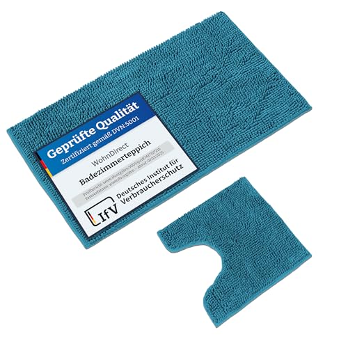 WohnDirect Badematten Set 2 teilig Petrol • WC Vorleger (45x45cm), Badematte (70x120cm) • rutschfest waschbar Badezimmerteppich MIT WC-Ausschnitt von WohnDirect