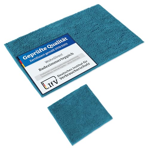WohnDirect Badematten Set 2 teilig Petrol • WC Vorleger (45x45cm), Badematte (70x120cm) • rutschfest waschbar Badezimmerteppich OHNE WC-Ausschnitt von WohnDirect