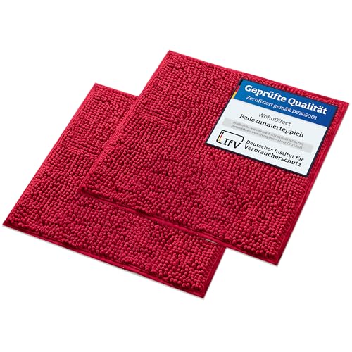 WohnDirect Badematten Set 2 teilig - Rot 45 x 45 cm - rutschfest & Waschbar - Badvorleger, Badezimmerteppich, WC Vorleger von WohnDirect