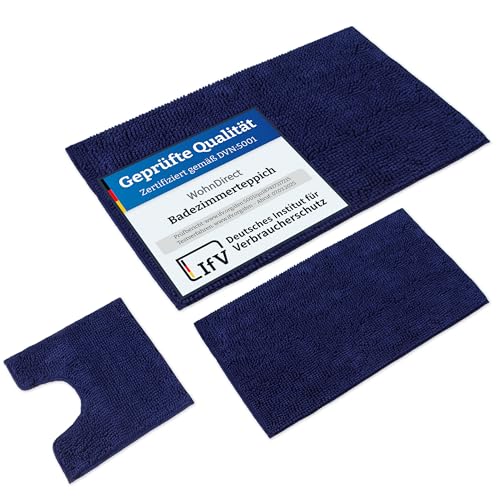 WohnDirect Badematten Set 3 teilig Dunkelblau • WC Vorleger (45x45cm), Badematte (50x80cm,70x120cm) • rutschfest waschbar Badezimmerteppich MIT WC-Ausschnitt von WohnDirect