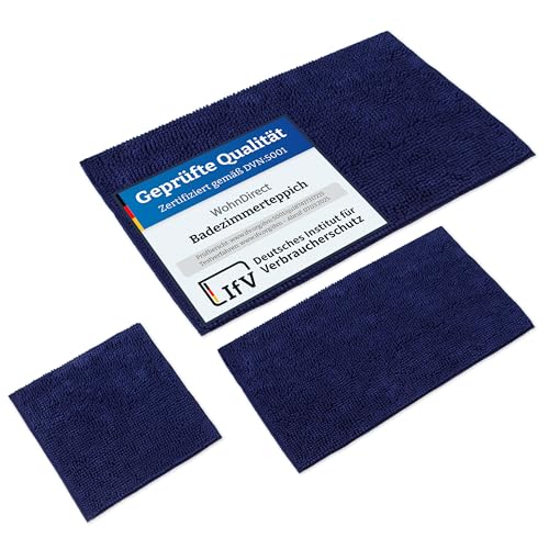 WohnDirect Badematten Set 3 teilig Dunkelblau • WC Vorleger (45x45cm), Badematte (50x80cm,70x120cm) • rutschfest waschbar Badezimmerteppich OHNE WC-Ausschnitt von WohnDirect