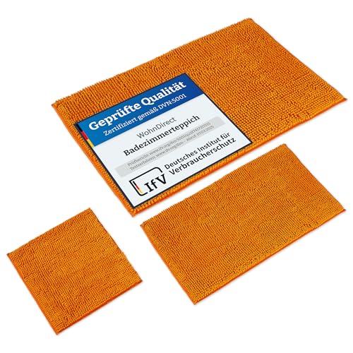 WohnDirect Badematten Set 3 teilig Orange • WC Vorleger (45x45cm), Badematte (50x80cm,70x120cm) • rutschfest waschbar Badezimmerteppich OHNE WC-Ausschnitt von WohnDirect