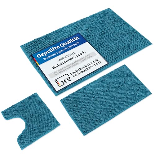 WohnDirect Badematten Set 3 teilig Petrol • WC Vorleger (45x45cm), Badematte (50x80cm,70x120cm) • rutschfest waschbar Badezimmerteppich MIT WC-Ausschnitt von WohnDirect