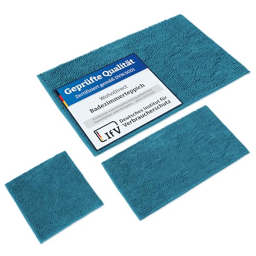 WohnDirect Badematten Set 3 teilig Petrol • WC Vorleger (45x45cm), Badematte (50x80cm,70x120cm) • rutschfest waschbar Badezimmerteppich OHNE WC-Ausschnitt von WohnDirect