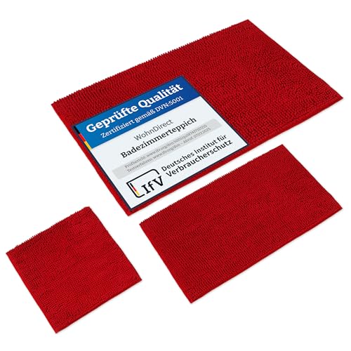 WohnDirect Badematten Set 3 teilig Rot • WC Vorleger (45x45cm), Badematte (50x80cm,70x120cm) • rutschfest waschbar Badezimmerteppich OHNE WC-Ausschnitt von WohnDirect