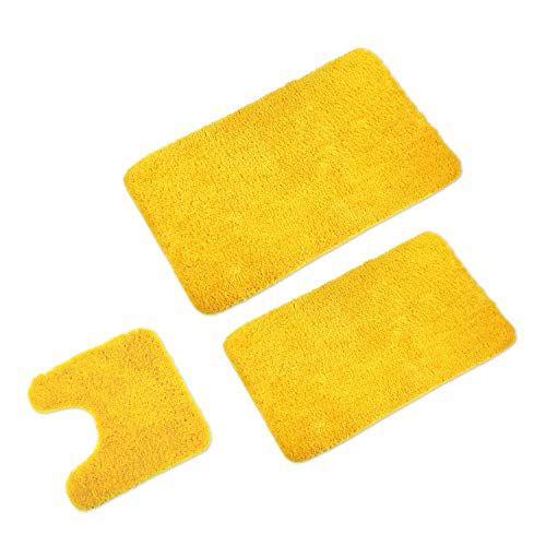 WohnDirect Badematten Set 3tlg - 3X Badvorleger (45x45 + 50x80 + 60x100cm) - Badteppich rutschfest & Waschbar - MIT WC Ausschnitt - Gelb von WohnDirect