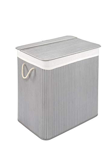 Wäschekorb mit Deckel und 2 Fächer - stabile Wäschebox Bambus - Wäschekorb Hellgrau mit Wäschesack, waschbar - 100% Bambus - 150 Liter von WohnDirect