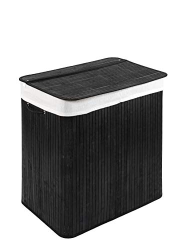 WohnDirect Wäschekorb mit Deckel und 2 Fächer - stabile Wäschebox Bambus - Wäschekorb Schwarz mit Wäschesack, waschbar - 100% Bambus - 150 Liter von WohnDirect