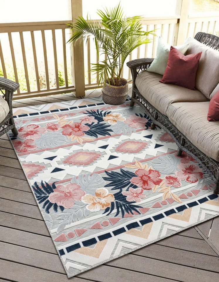 Teppich MY-RUG Outdoor-Teppich Aurora" 150x80 cm, grau, Wohnando, rechteckig, Höhe: 8 mm, mit floralem Hoch-Tief-Design, für drinnen und draußen" von Wohnando