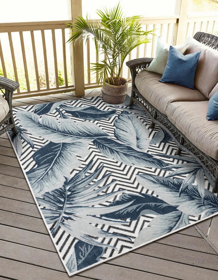 Teppich MY-RUG Outdoor-Teppich "Azure" 150x80 cm, blau, Wohnando, rechteckig, Höhe: 8 mm, mit floralem Hoch-Tief-Design, für gemütliche Stunden draußen von Wohnando