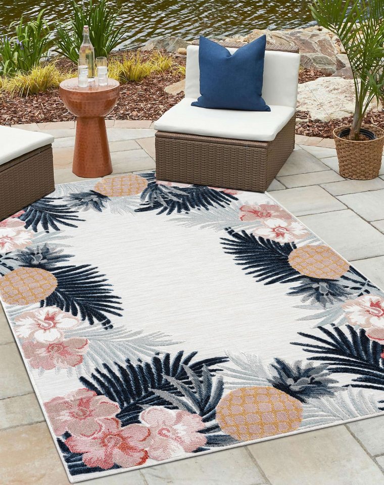 Teppich MY-RUG Outdoor-Teppich "Heather" 150x80 cm, weiß, Wohnando, rechteckig, Höhe: 8 mm, mit floralem Hoch-Tief-Design, sommerlich erfrischendes Ananas-Design von Wohnando