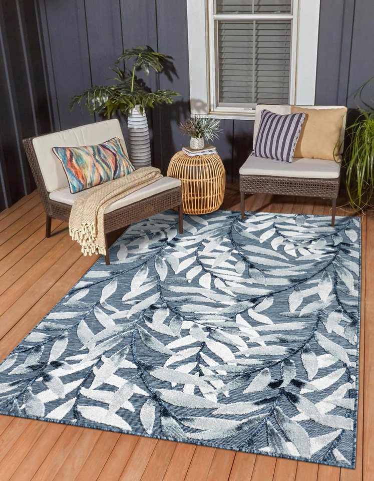 Teppich MY-RUG Outdoor-Teppich Laurel" 150x80 cm, blau, Wohnando, rechteckig, Höhe: 8 mm, mit floralem Hoch-Tief-Design, für draußen" von Wohnando