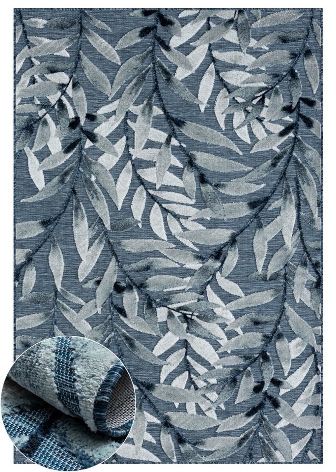 Wohnando Teppich MY-RUG Outdoor-Teppich "Laurel" 150x80 cm, blau, rechteckig, Höhe: 8 mm, mit floralem Hoch-Tief-Design, für draußen von Wohnando