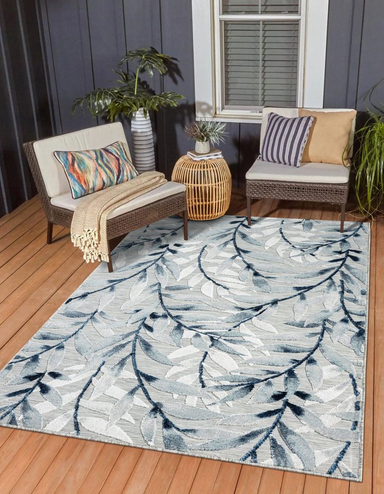 Teppich MY-RUG Outdoor-Teppich Laurel II" 150x80 cm, grau, Wohnando, rechteckig, Höhe: 8 mm, mit floralem Hoch-Tief-Design, für draußen" von Wohnando