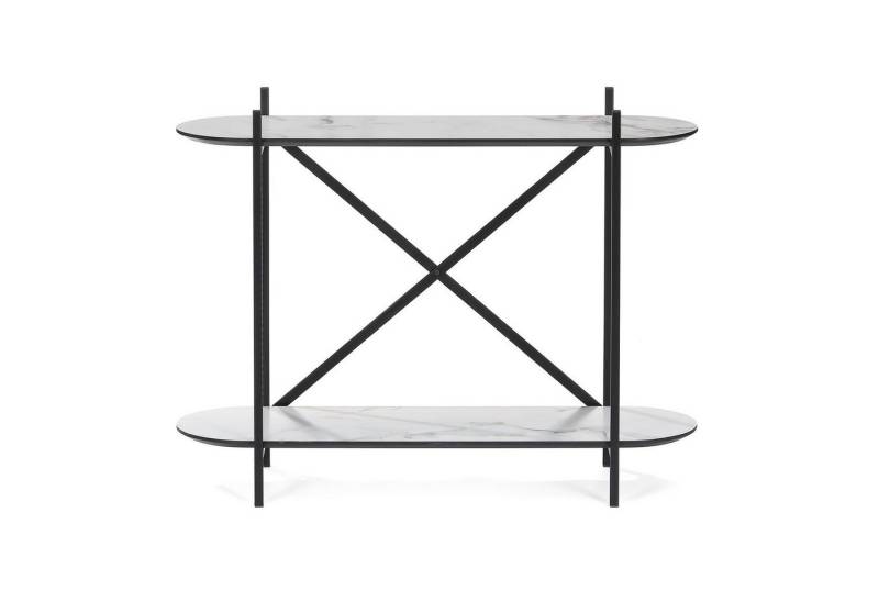 Wohnando Couchtisch Konsolentisch "Athena", helles Mamor Design, weiß 100x33x76cm, Flurtisch, schwarz Metallbeine, Ablagetisch Flur, Wohnzimmer Sideboard von Wohnando