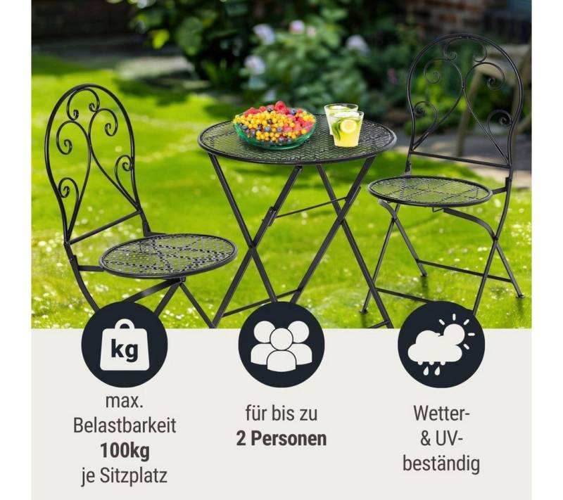 Wohnando Garten-Essgruppe Sitzmöbel Garten, kleines Bistroset "Core", schwarz, Balkonmöbel, (3-tlg), aus Metall 2 Stühle und 1 Tisch, verschnörkeltes, romantisches Design von Wohnando