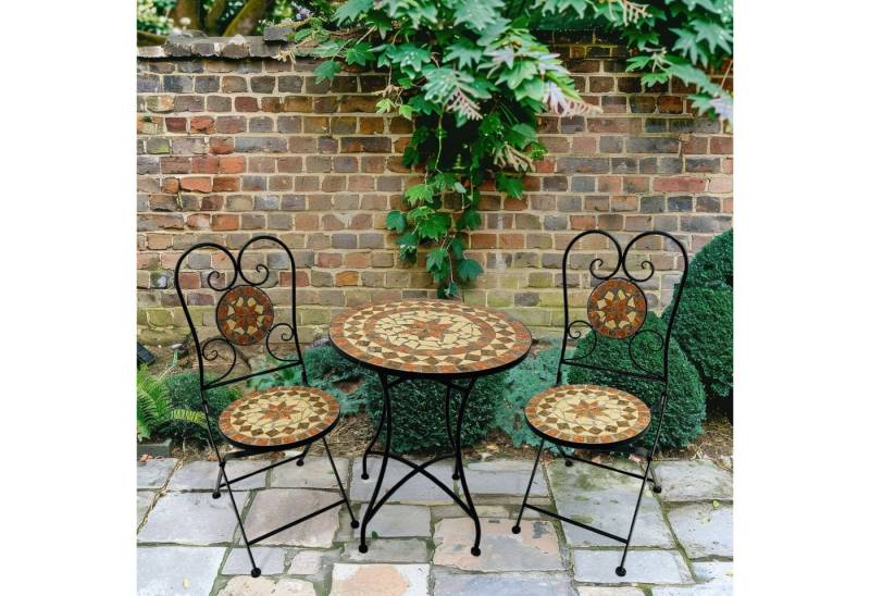 Wohnando Garten-Essgruppe Bistroset "Caspian", Metalltisch, Metallmöbel, schwarz, Mosaik-Design, (3-tlg), bestehend aus 2 Stühlen und 1 Tisch, Terrakotta Mix von Wohnando