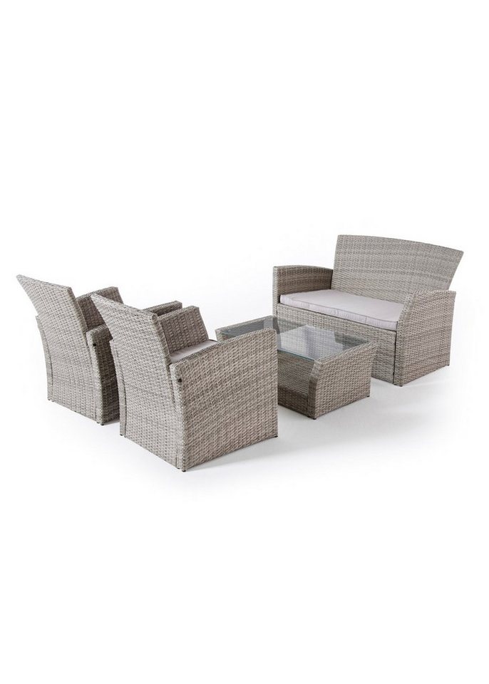 Wohnando Garten-Essgruppe Gartenmöbel Gartenlounge Anne", Garten Sitzgruppe, (4-tlg), für 4 Personen aus Rattan mit Sitzauflagen, grau" von Wohnando