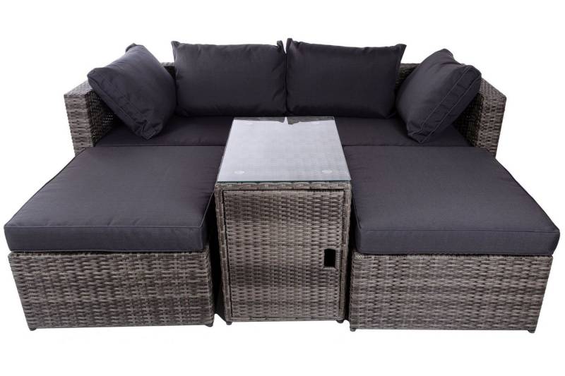 Wohnando Garten-Essgruppe Gartenlounge "Ruby", Gartensofa, Flexibel mit Tisch, (2-tlg), 2-4 Sitzer, verstecktes Staufach, grau Rattan von Wohnando