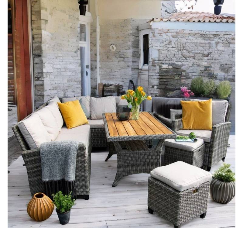 Wohnando Garten-Essgruppe Outdoor Esssitzgruppe "Elli", Gartenlounge aus Rattan, (5-tlg), für 8 Personen, inkl. Sitzkissen, Tischplatte aus Akazienholz von Wohnando