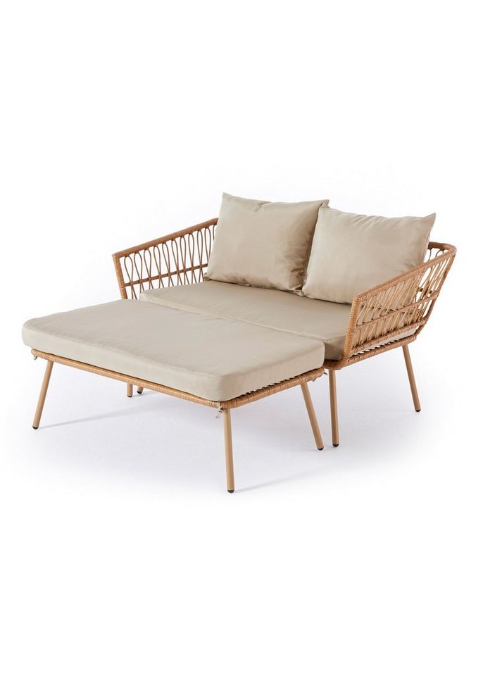 Wohnando Gartenliege Gartensofa Maike" modernes Loungesofa, Rattan, 126x116x67cm (BxTxH), 1 St., mit Auflage und Kissen grau beige, Gartensonnenliege, Gartenmöbel" von Wohnando