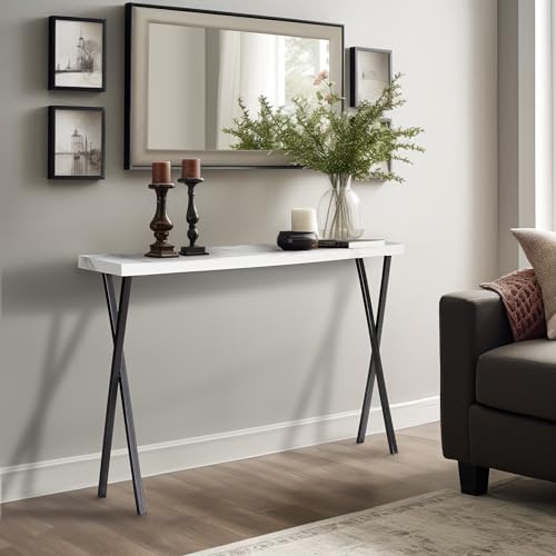 Wohnando Konsolentisch schmal weiß Mamor-Optik Sideboard Apollo, 100x25x80cm, Flurtisch weißes Mamordekor und Metall-Füße von Wohnando