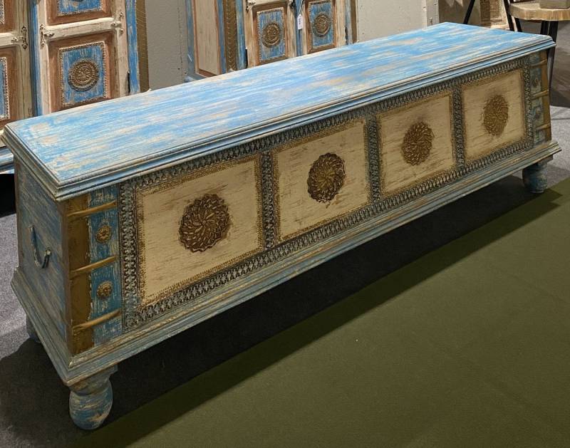 Wohnando Sideboard Holztruhe "Milo" mit aufklappbarem Deckel, maritimes Design in Blau, 145x40x45 cm, Wohnzimmer TV-Bank, Sitzbank, Flur von Wohnando