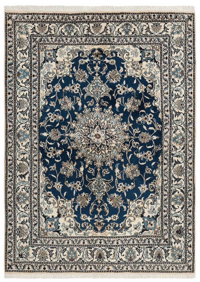 Wohnando Teppich MY-RUG Perserteppich Nain Kashmar Medaillon-Design hellblau 210x148cm, Rechteckig, Höhe: 12 mm, Handgeknüpfter Teppich,Handgesponnene Wolle, mit Naturfarben gegärbt von Wohnando