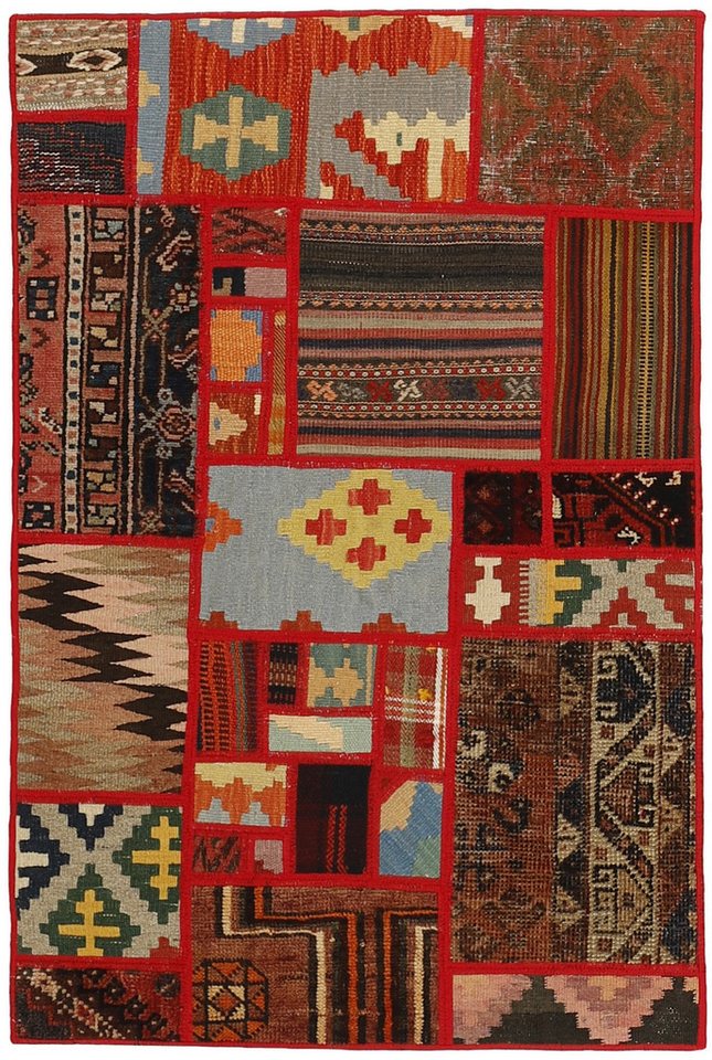 Wohnando Teppich MY-RUG Perserteppich Patchwork Geometrische Muster rot 120x80cm, Rechteckig, Höhe: 10 mm, Handgeknüpfter Teppich,Handgesponnene Wolle, mit Naturfarben gegärbt von Wohnando