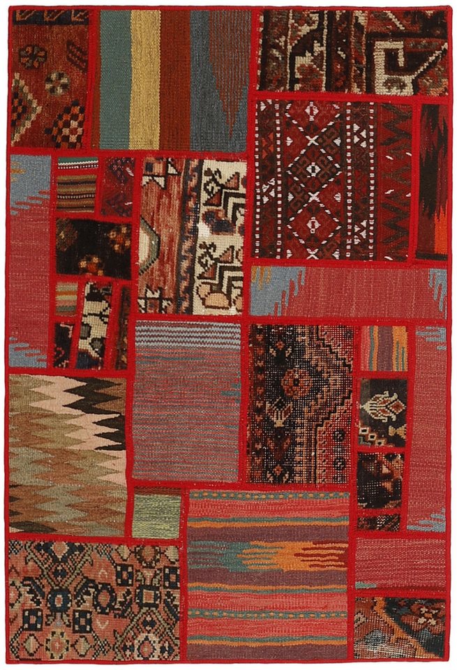 Wohnando Teppich MY-RUG Perserteppich Patchwork Geometrische Muster rot 120x80cm, Rechteckig, Höhe: 10 mm, Handgeknüpfter Teppich,Handgesponnene Wolle, mit Naturfarben gegärbt von Wohnando