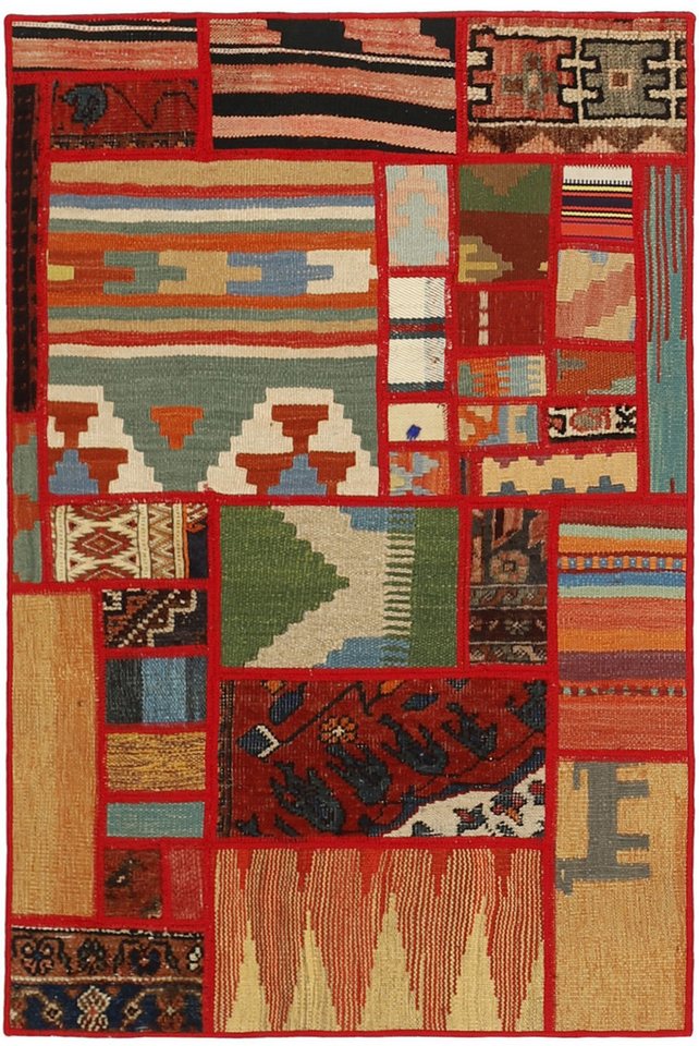 Wohnando Teppich MY-RUG Perserteppich Patchwork Geometrische Muster rot 120x80cm, Rechteckig, Höhe: 10 mm, Handgeknüpfter Teppich,Handgesponnene Wolle, mit Naturfarben gegärbt von Wohnando