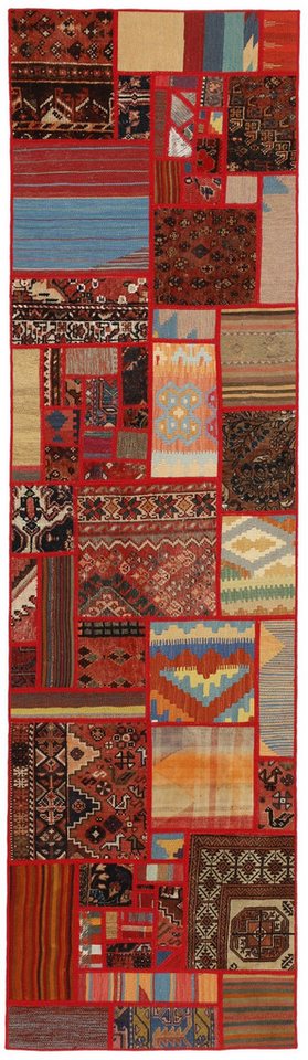 Wohnando Teppich MY-RUG Perserteppich Patchwork Geometrische Muster rot 300x80cm, Läufer, Höhe: 10 mm, Handgeknüpfter Teppich,Handgesponnene Wolle, mit Naturfarben gegärbt von Wohnando