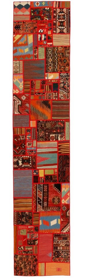 Wohnando Teppich MY-RUG Perserteppich Patchwork Geometrische Muster rot 400x80cm, Läufer, Höhe: 10 mm, Handgeknüpfter Teppich,Handgesponnene Wolle, mit Naturfarben gegärbt von Wohnando