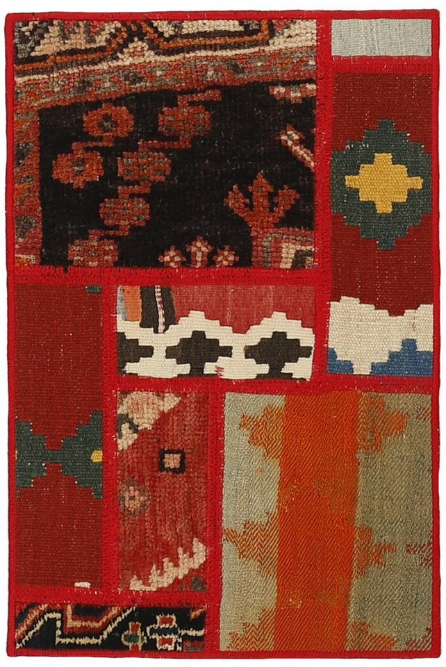 Wohnando Teppich MY-RUG Perserteppich Patchwork Geometrische Muster rot 60x40cm, Rechteckig, Höhe: 10 mm, Handgeknüpfter Teppich,Handgesponnene Wolle, mit Naturfarben gegärbt von Wohnando