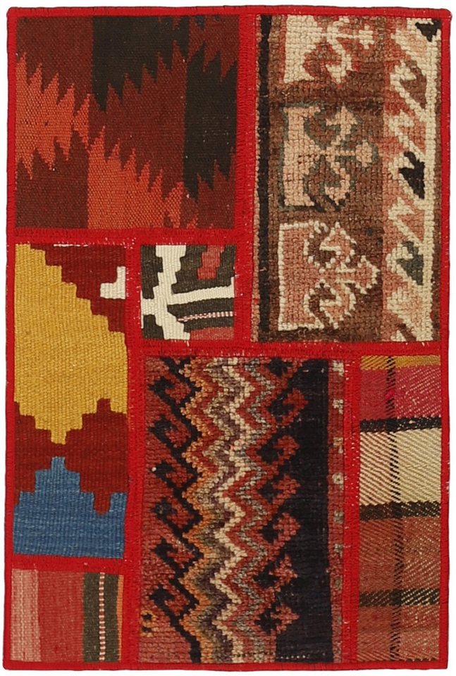 Wohnando Teppich MY-RUG Perserteppich Patchwork Geometrische Muster rot 60x40cm, Rechteckig, Höhe: 10 mm, Handgeknüpfter Teppich,Handgesponnene Wolle, mit Naturfarben gegärbt von Wohnando