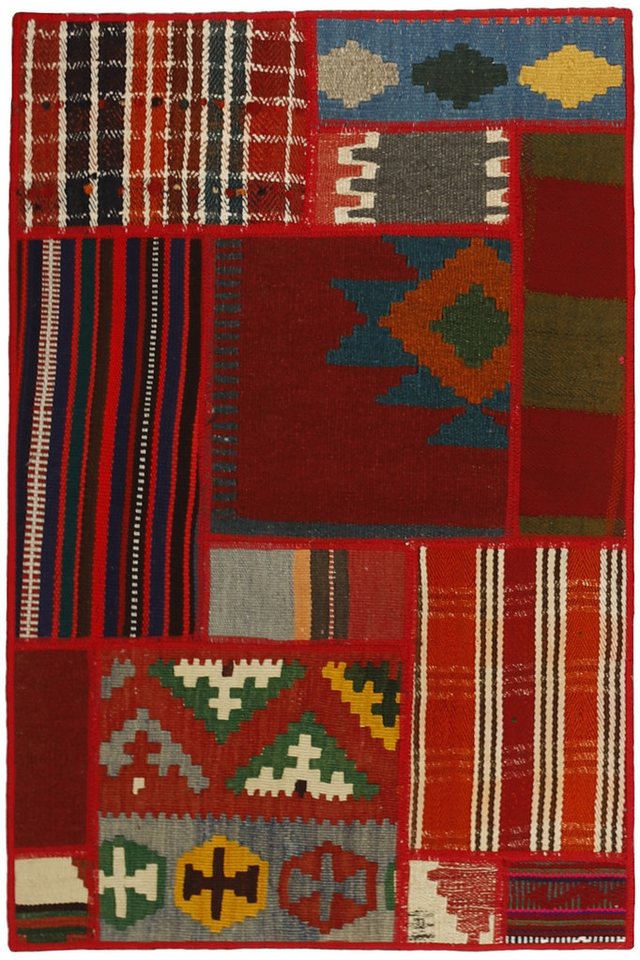Wohnando Teppich MY-RUG Perserteppich Patchwork Geometrische Muster rot 90x60cm, Rechteckig, Höhe: 10 mm, Handgeknüpfter Teppich,Handgesponnene Wolle, mit Naturfarben gegärbt von Wohnando