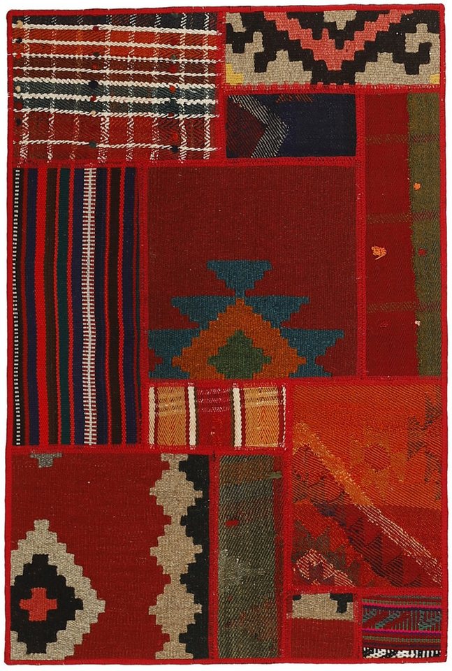 Wohnando Teppich MY-RUG Perserteppich Patchwork Geometrische Muster rot 90x60cm, Rechteckig, Höhe: 10 mm, Handgeknüpfter Teppich,Handgesponnene Wolle, mit Naturfarben gegärbt von Wohnando