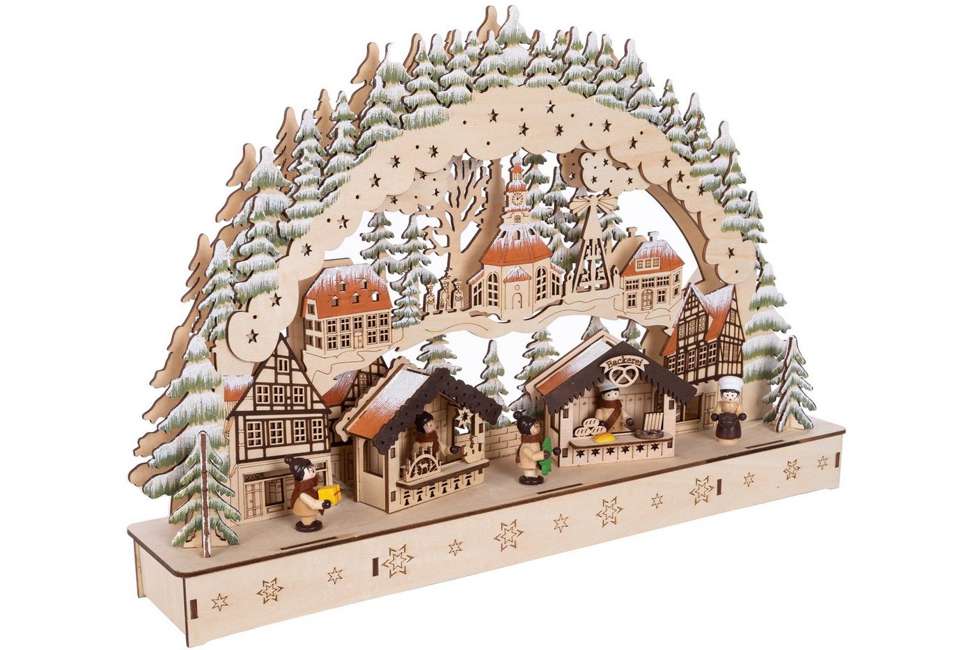 Wohnando Weihnachtsdorf Winterlicher Schwibbogen aus Holz Weihnachtsmarkt mit 12 LED's von Wohnando