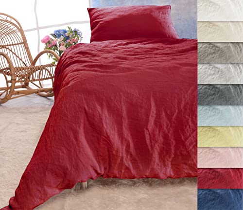 Wohnen & Accessoires GmbH & Co. KG Leinen-Bettwäsche-Set Sintra 100% Leinen aus Portugal, 2-teilig Bettbezug und Kissenbezug (2tlg. 135x200cm + 80x80cm, Rot) von Wohnen & Accessoires GmbH & Co. KG