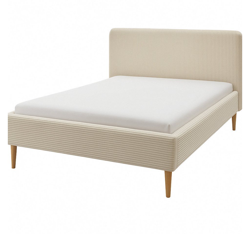 Wohnglücklich Polsterbett Juna (mit gepolstertem Kopfteil, mit Knopfheftung, mit Holzfüßen), Modernes Design schlicht & zeitlos von Wohnglücklich