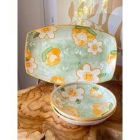 Schale Tablett Keramik - Handbemalt Mit Blumen Buntes Geschirr Set Tischdeko Geschenkidee Keramikgeschirr Vintage Stil- Handarbeit von Wohnharmonie