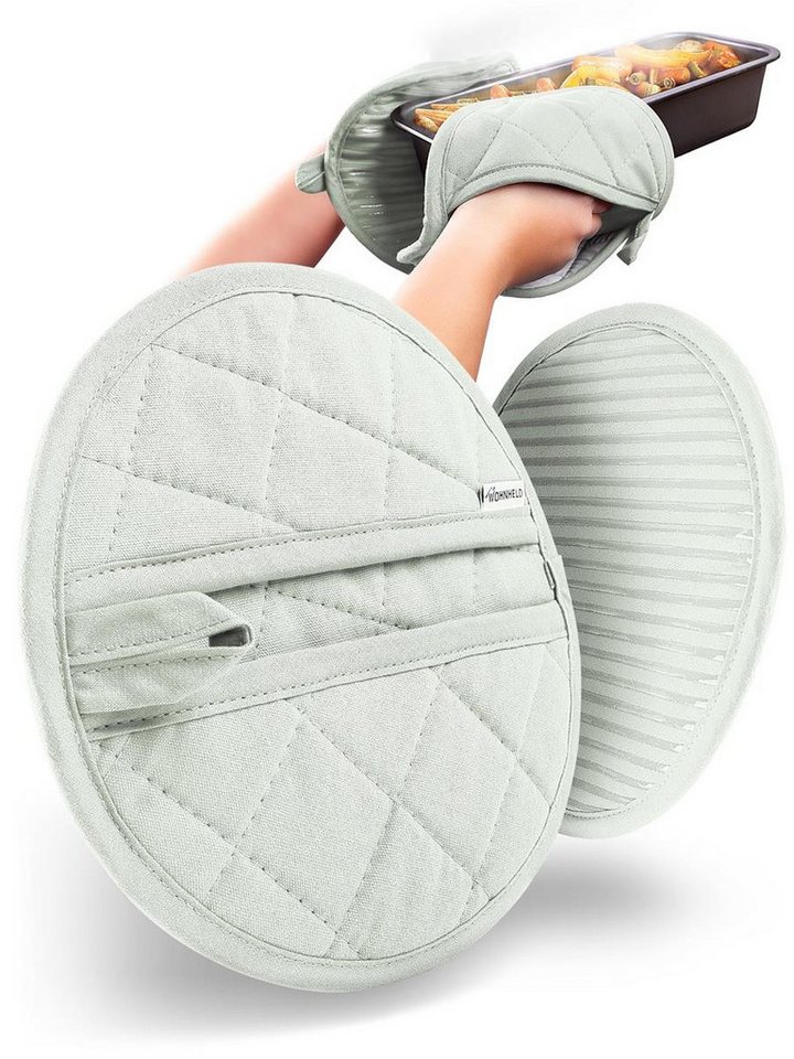 Wohnheld Topflappen Topflappen & Ofenhandschuhe 2er Set hitzebeständig 250° C, (Rund, bestehend aus 2x Ofenhandschuh), hitzebeständig perfekter Schutz einzigartiges Design von Wohnheld