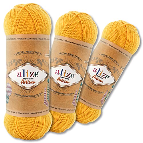 Alize 3 x 100 g Superwash Artisan Sockenwolle Premium 16 verschiedene Farben zur Auswahl Kontrast Häkeln Stricken (281 | Gelb) von Wohnkult